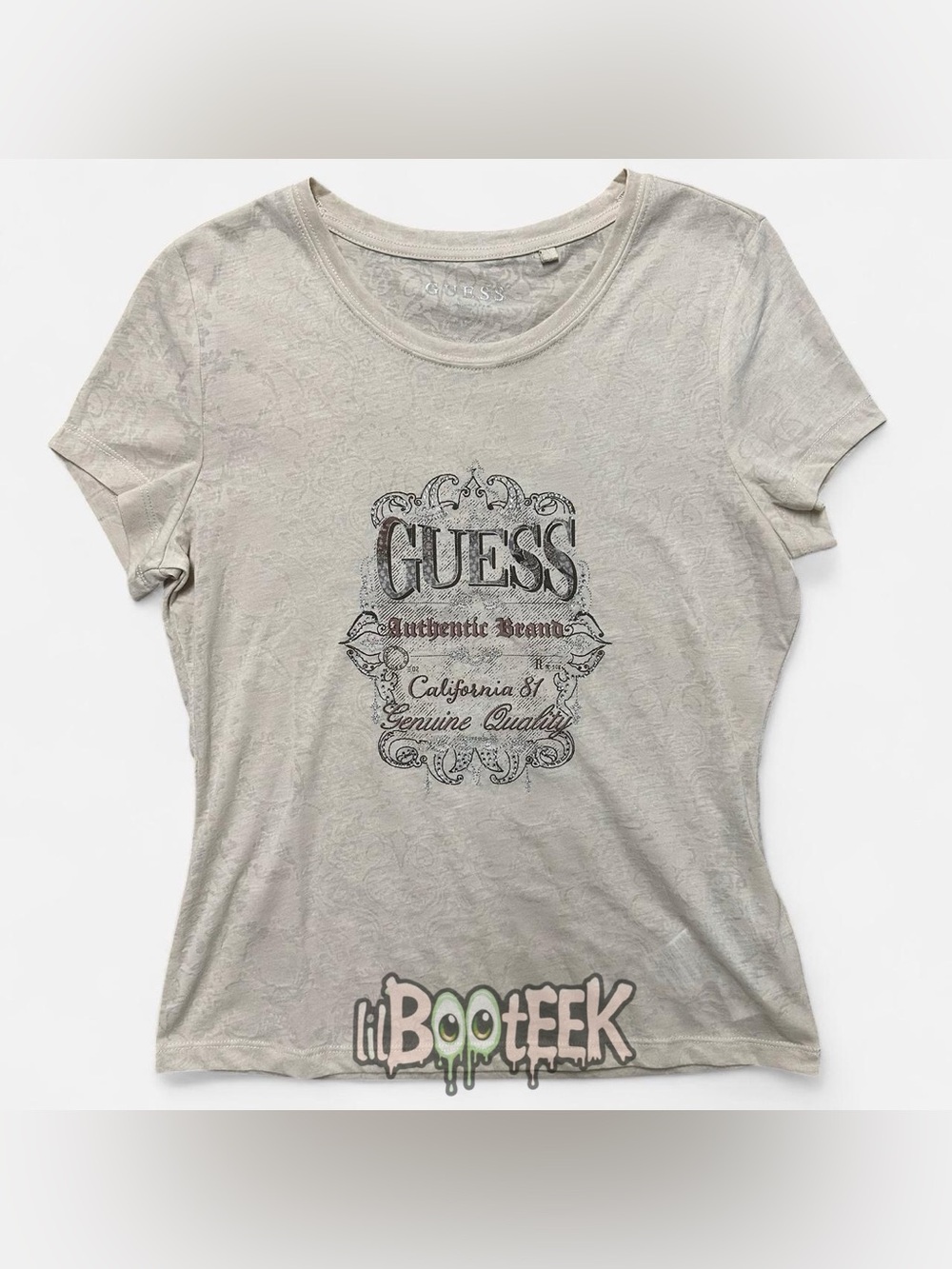 Guess LG Cream Graphic Short Sleeve Tee with Ornate Logo & Rhinestones NEW